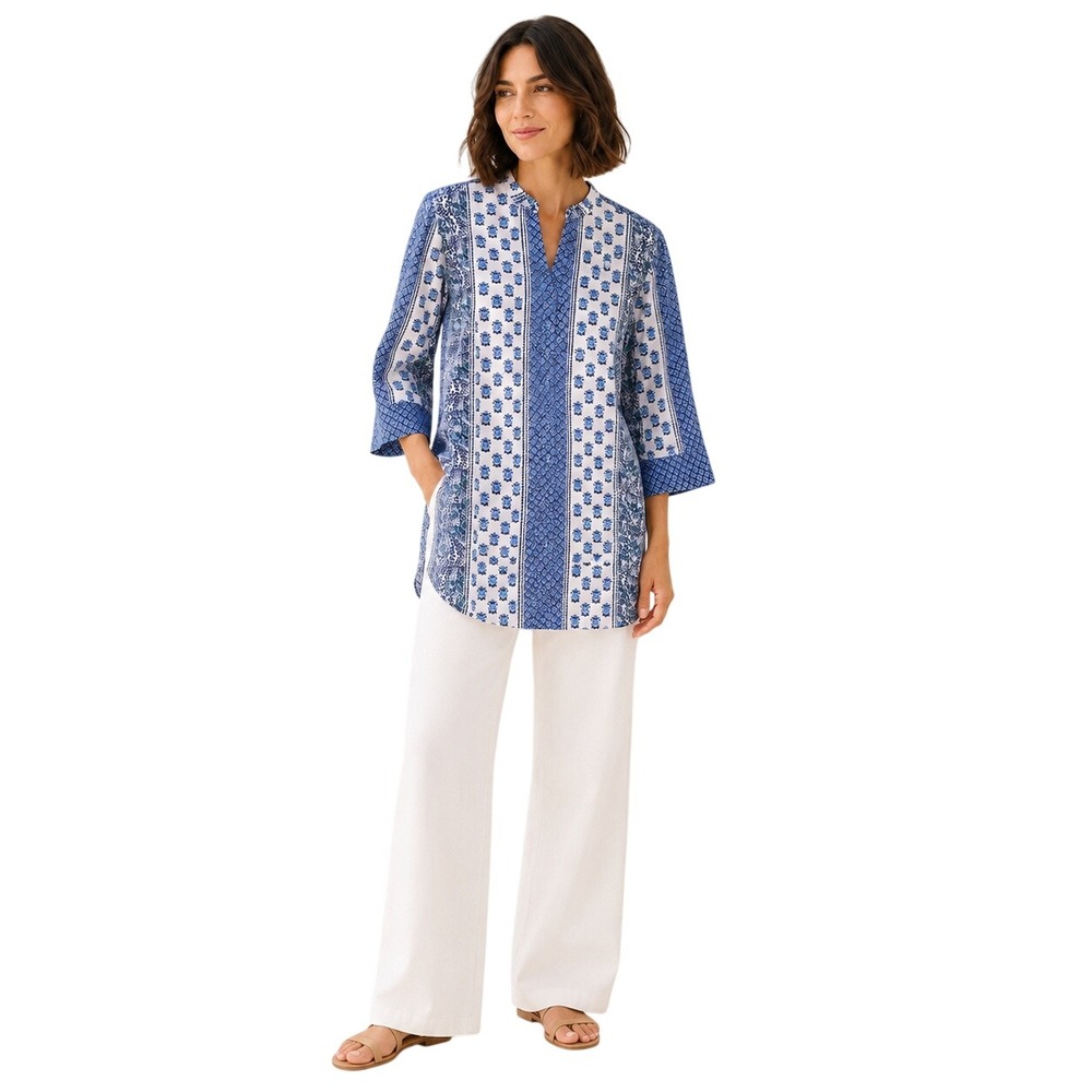 Boden Size 14 Blue White Mixed Print Tunic Blouse Relaxed Coastal Boho Top
